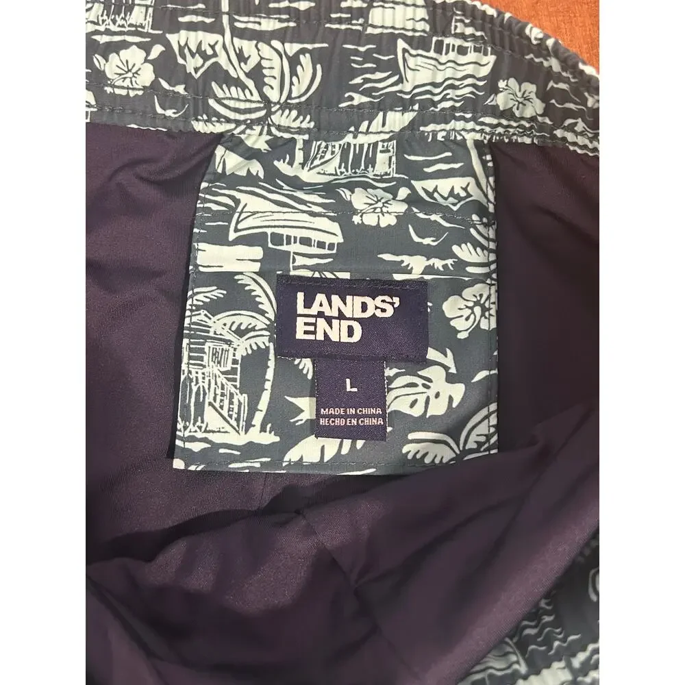 LANDS END Sz L Green Volley Swim Shorts dark green Tropical Liner Beach Vacation